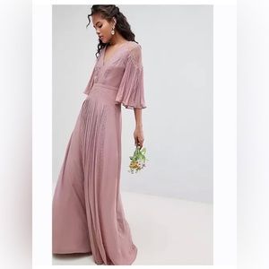 ASOS DESIGN pleated paneled flutter sleeve maxi dress with lace inserts